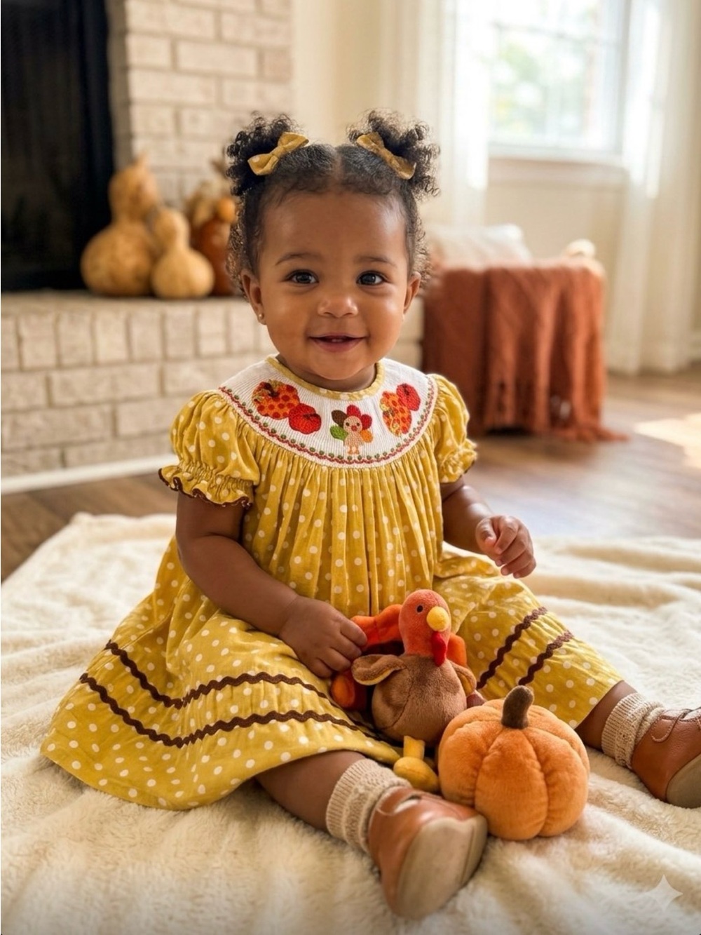 Mustard Polka Dot Smocked Baby Dress with Fall Embroidery